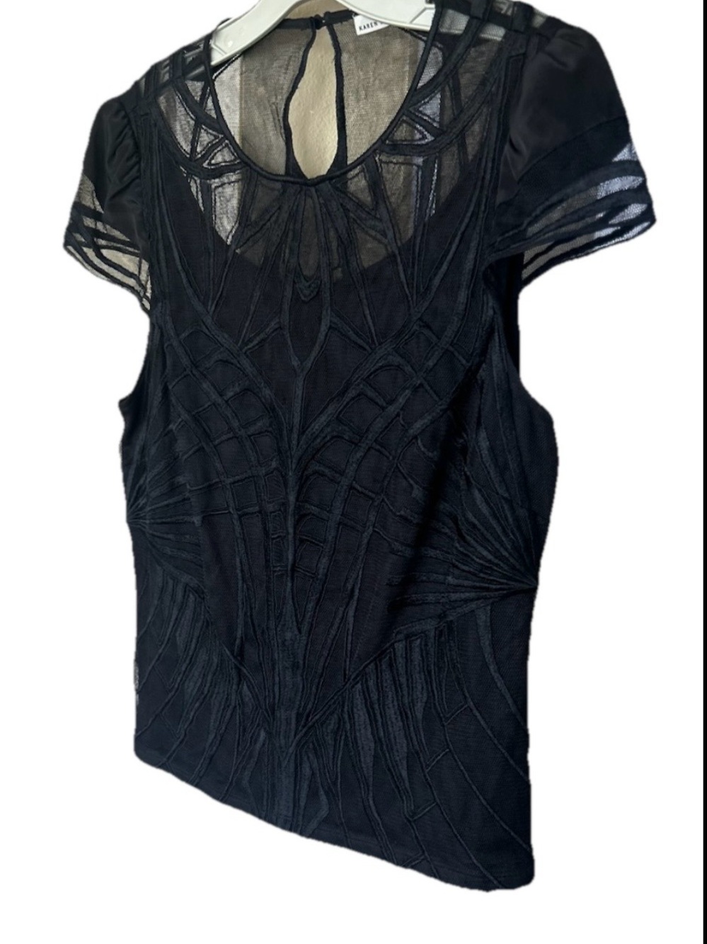 Karen Millen Black Structured Lace Blouse Tailored Keyhole Back Size 10